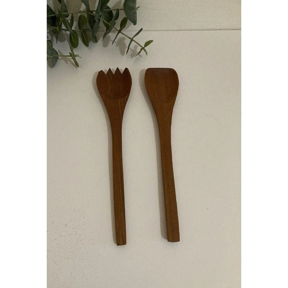 Vtg Teak Wood Salad Serving Set Spoon and Fork Salad Utensils MCM